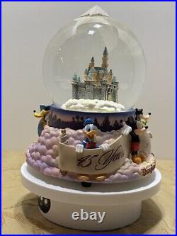 Disney World Musical Snow Globe Castle Mickey, Goofy, Donald 45 yrs of Magic