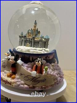 Disney World Musical Snow Globe Castle Mickey, Goofy, Donald 45 yrs of Magic