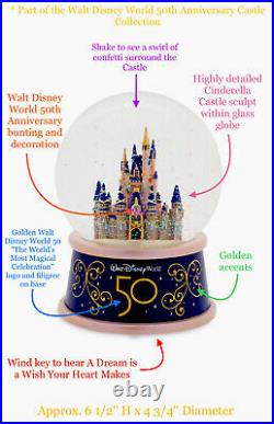 NIB Disney Parks 50th Anniversary Cinderella Castle Musical Water Snow Globe