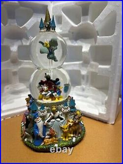 RARE Vtg Walt Disney World Double Snow Globe Musical Character Gathering Parade