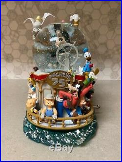 Rare Disney Mickey's 75th ANNIVERSARY STEAMBOAT RIDE Musical Lighted Snow Globe