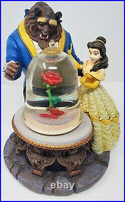 VTG Disney Beauty And The Beast Snow Globe Music Box Yellow Blue Rose BrownPICS