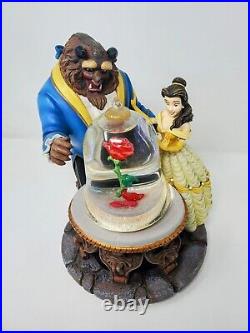 VTG Disney Beauty And The Beast Snow Globe Music Box Yellow Blue Rose BrownPICS