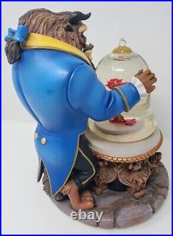 VTG Disney Beauty And The Beast Snow Globe Music Box Yellow Blue Rose BrownPICS