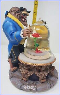 VTG Disney Beauty And The Beast Snow Globe Music Box Yellow Blue Rose BrownPICS