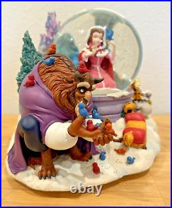 Vintage Beauty And The Beast Belle Musical Snow Globe Winter Scene Feeding Birds